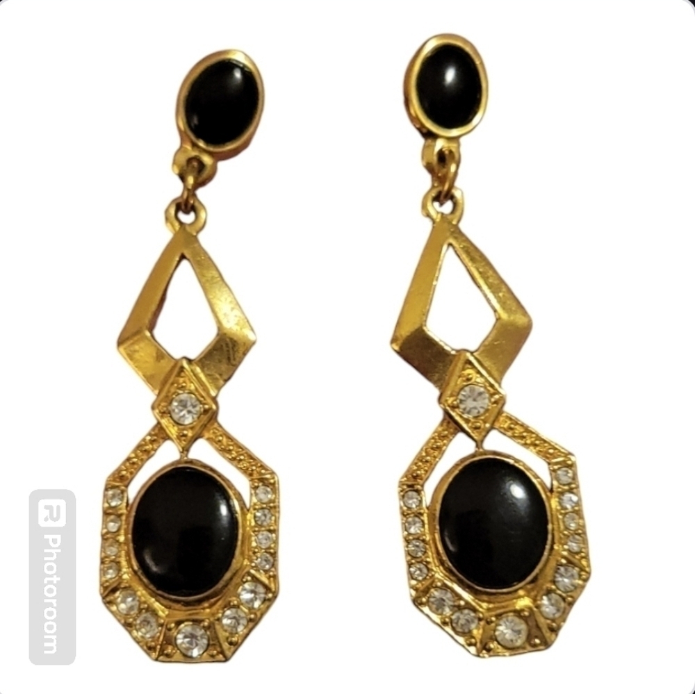 Avon Gold Black Rhinestone Dangle Earrings